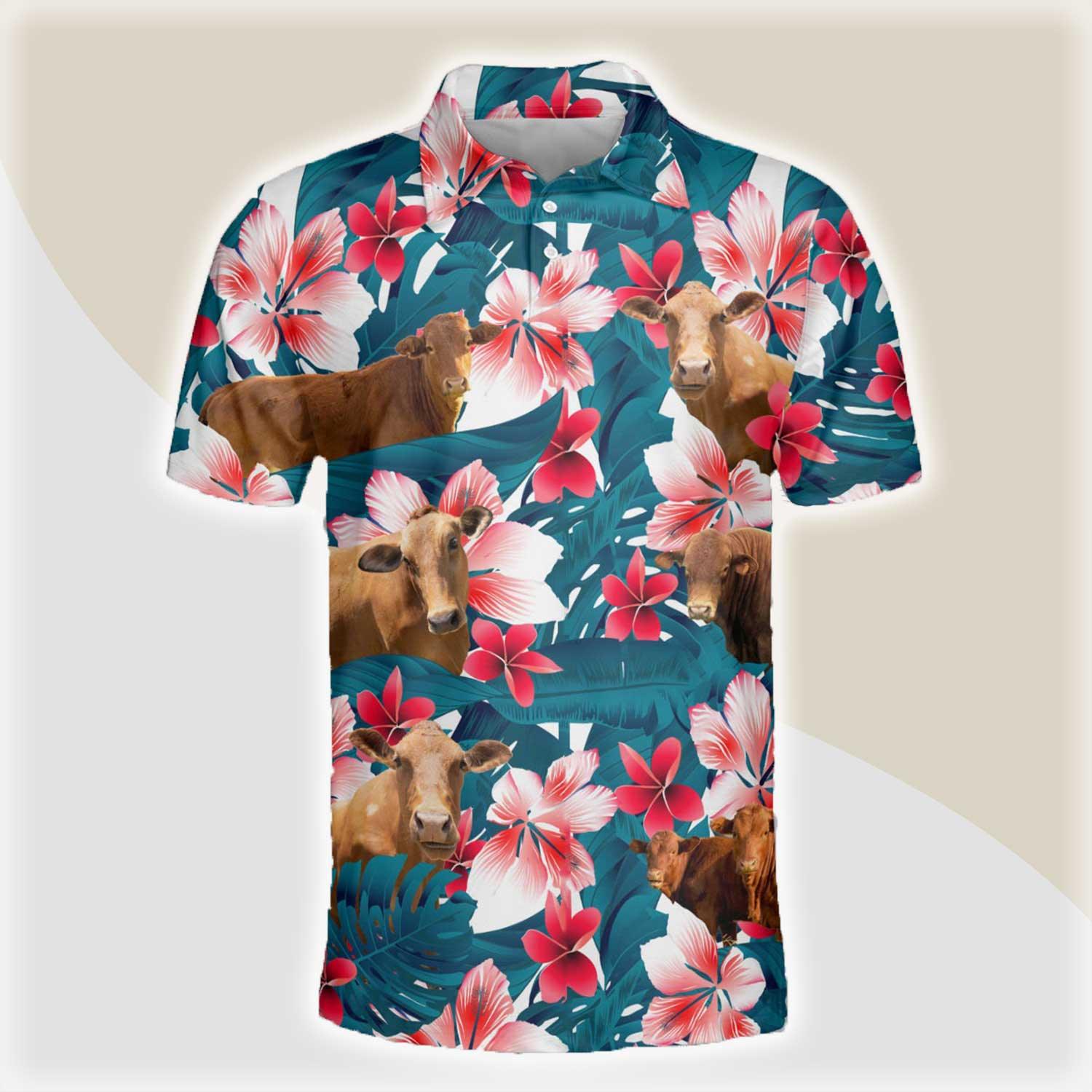 Beefmaster Men Polo Shirts - Beefmaster Tropical Floral Pattern Button Shirts For Men - Perfect Gift For Beefmaster Lovers, Cattle Lovers - Amzanimalsgift