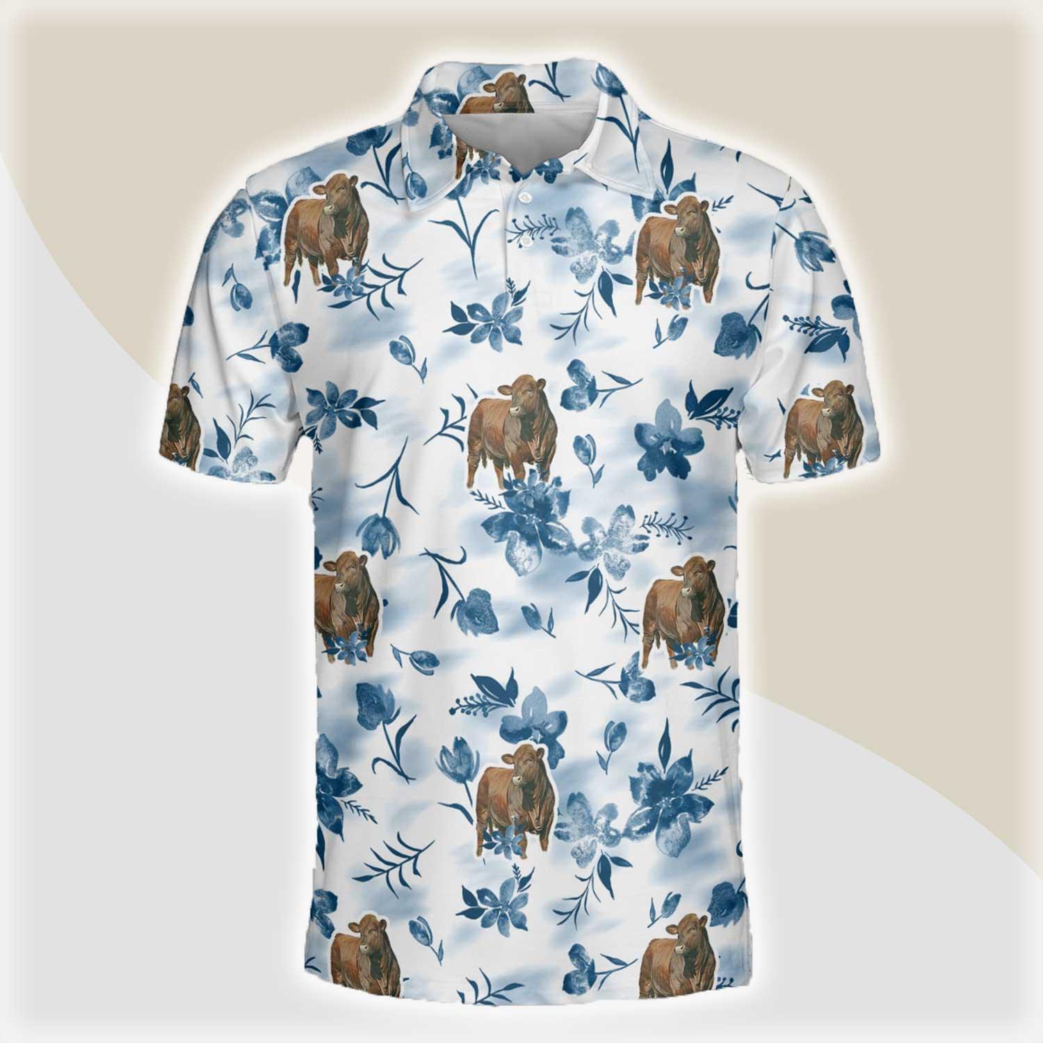 Beefmaster Men Polo Shirts - Beefmaster Watercolor Flowers and Leaves Tie Dye Pattern Button Shirts For Men - Perfect Gift For Beefmaster Lovers - Amzanimalsgift