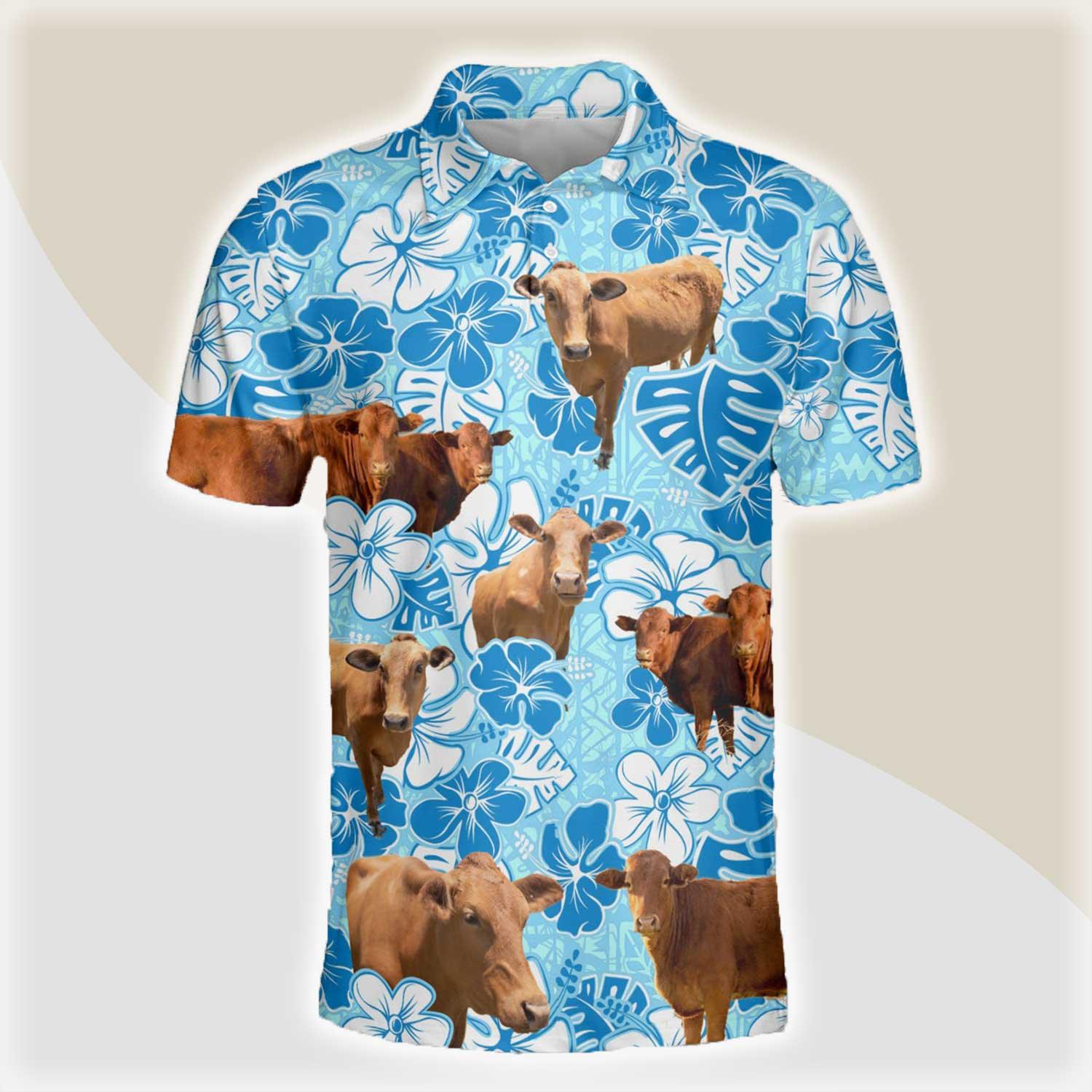 Beefmaster Men Polo Shirts For Summer - Beefmaster Blue Floral Button Shirts For Men - Perfect Gift For Beefmaster Lovers, Cattle Lovers - Amzanimalsgift