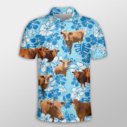 Beefmaster Men Polo Shirts For Summer - Beefmaster Blue Floral Button Shirts For Men - Perfect Gift For Beefmaster Lovers, Cattle Lovers - Amzanimalsgift