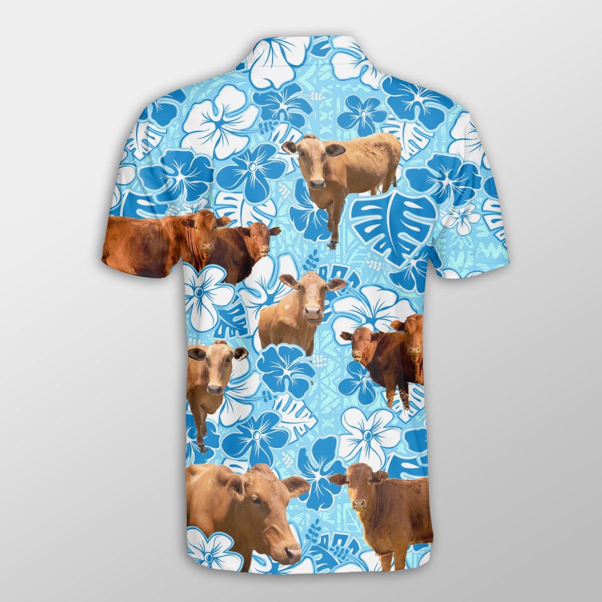Beefmaster Men Polo Shirts For Summer - Beefmaster Blue Floral Button Shirts For Men - Perfect Gift For Beefmaster Lovers, Cattle Lovers - Amzanimalsgift