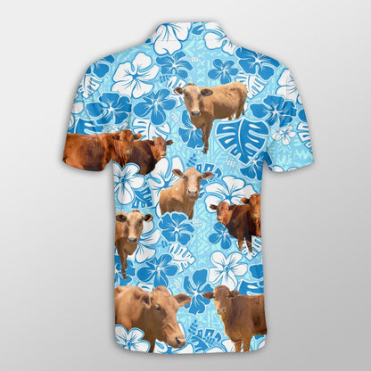 Beefmaster Men Polo Shirts For Summer - Beefmaster Blue Floral Button Shirts For Men - Perfect Gift For Beefmaster Lovers, Cattle Lovers - Amzanimalsgift