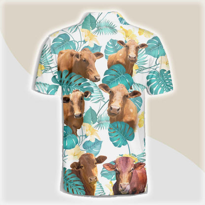 Beefmaster Men Polo Shirts For Summer - Beefmaster In Tropical Leaves Pattern Button Shirts For Men - Perfect Gift For Beefmaster Lovers, Cattle Lovers - Amzanimalsgift