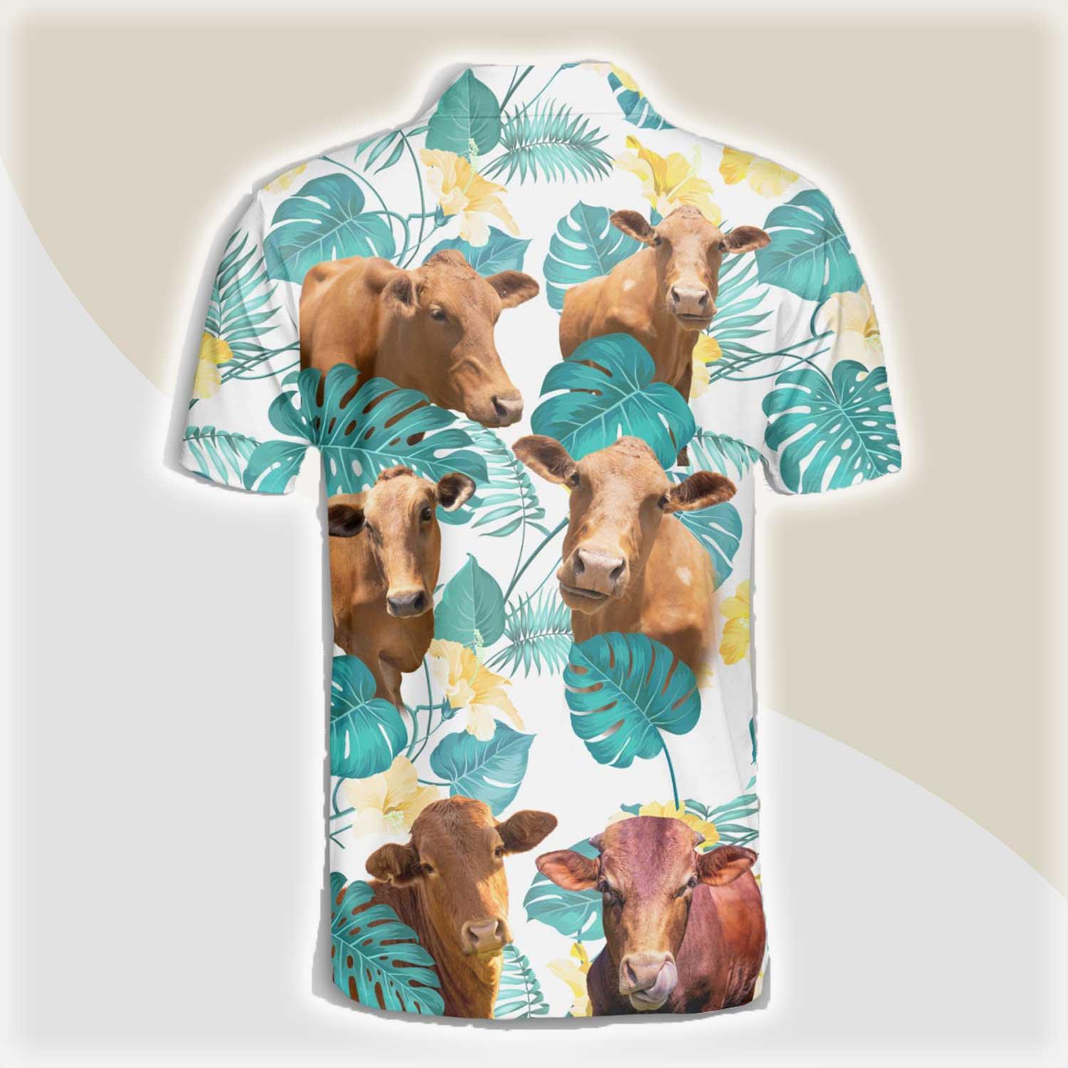 Beefmaster Men Polo Shirts For Summer - Beefmaster In Tropical Leaves Pattern Button Shirts For Men - Perfect Gift For Beefmaster Lovers, Cattle Lovers - Amzanimalsgift