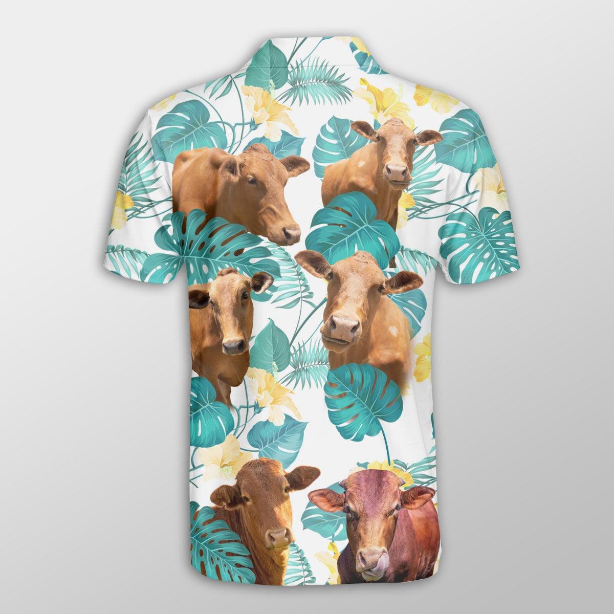 Beefmaster Men Polo Shirts For Summer - Beefmaster In Tropical Leaves Pattern Button Shirts For Men - Perfect Gift For Beefmaster Lovers, Cattle Lovers - Amzanimalsgift