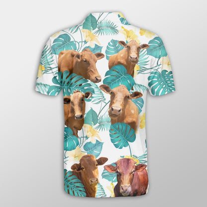 Beefmaster Men Polo Shirts For Summer - Beefmaster In Tropical Leaves Pattern Button Shirts For Men - Perfect Gift For Beefmaster Lovers, Cattle Lovers - Amzanimalsgift