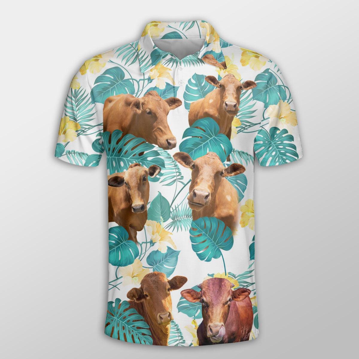 Beefmaster Men Polo Shirts For Summer - Beefmaster In Tropical Leaves Pattern Button Shirts For Men - Perfect Gift For Beefmaster Lovers, Cattle Lovers - Amzanimalsgift