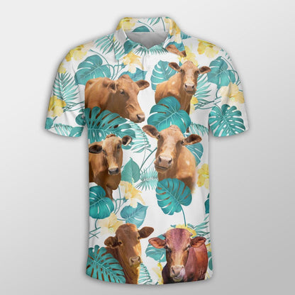 Beefmaster Men Polo Shirts For Summer - Beefmaster In Tropical Leaves Pattern Button Shirts For Men - Perfect Gift For Beefmaster Lovers, Cattle Lovers - Amzanimalsgift