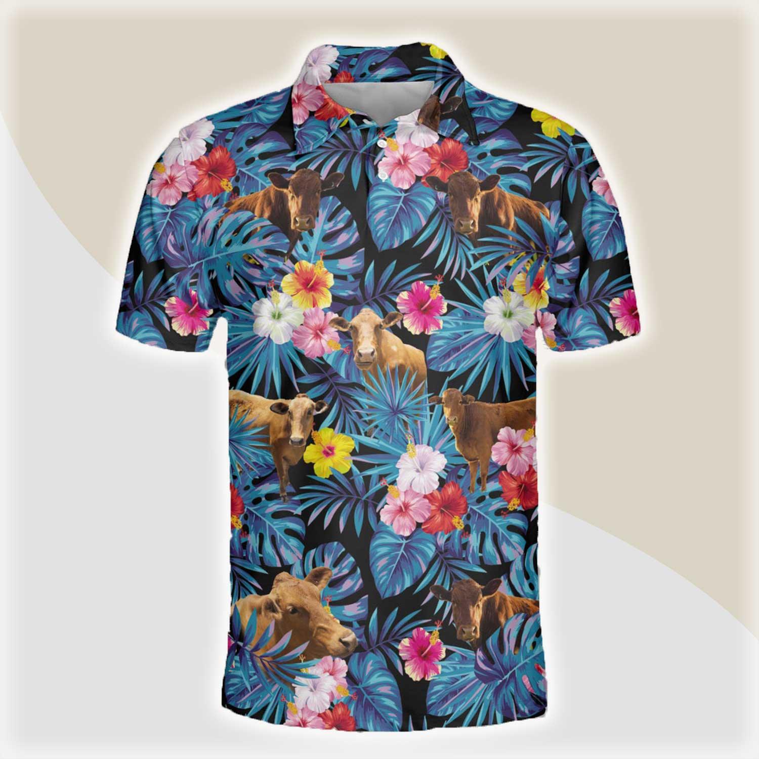 Beefmaster Men Polo Shirts For Summer - Beefmaster Tropical Flowers Leaves Pattern Button Shirts For Men - Perfect Gift For Beefmaster Lovers, Cattle Lovers - Amzanimalsgift