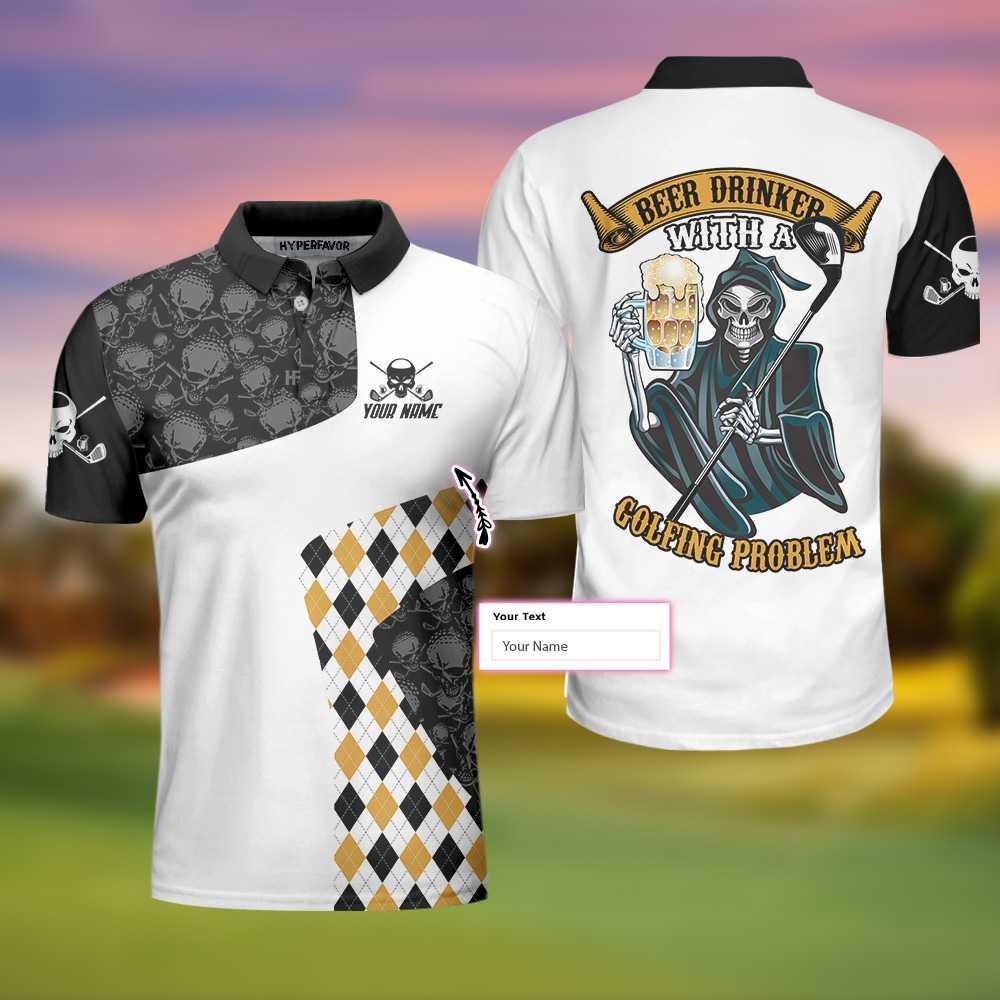 Beer and Golf Customized Name Men Polo Shirt, Beer Drinker With A Golfing Problem Polo Shirt, Skull Argyle Pattern Golf Shirt, Golf Shirt Beer Lovers - Amzanimalsgift