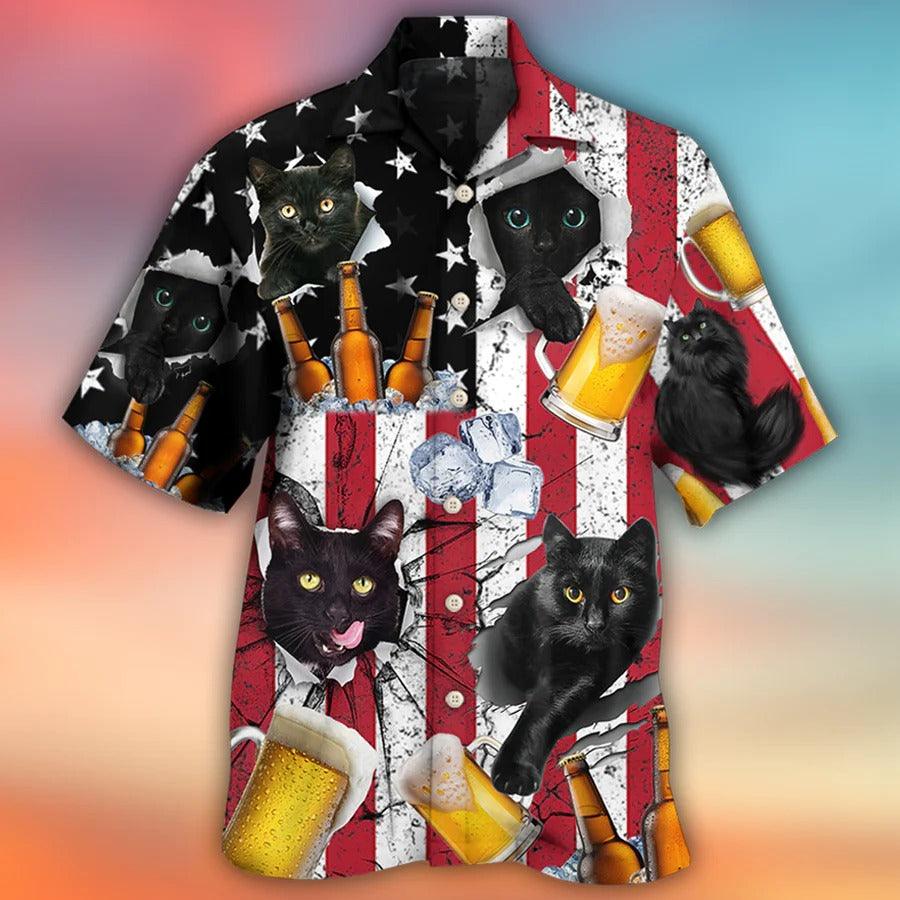 Beer Hawaiian Shirt, Beer And Black Cat, American Flag, I Like Beer And My Cat Aloha Shirt For Men And Women - Perfect Gift For Beer Lovers, Cat Lovers - Amzanimalsgift