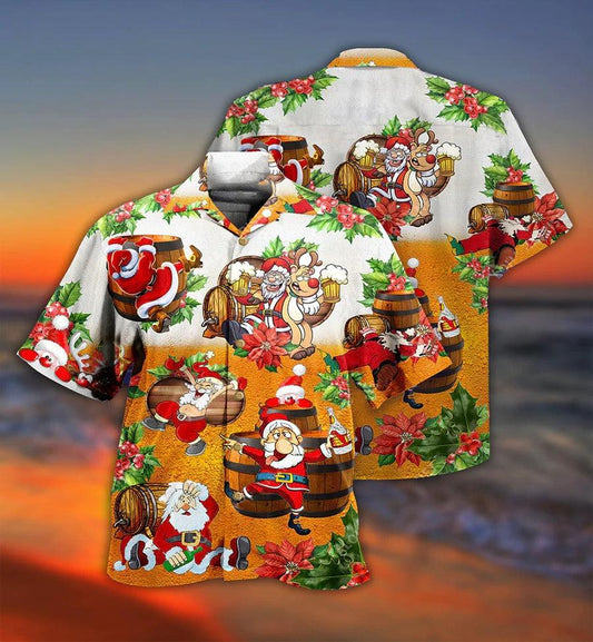 Beer Hawaiian Shirt, Beer Christmas, Reindeer And Santa Claus Drinking Beer Aloha Shirt For Men And Women - Perfect Gift For Beer Lovers, Christmas - Amzanimalsgift