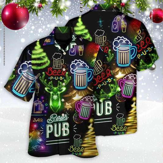 Beer Hawaiian Shirt, Beer Pub, Night Christmas Neon Art Drinking Aloha Shirt For Men And Women - Perfect Gift For Beer Lovers, Summer, Christmas - Amzanimalsgift