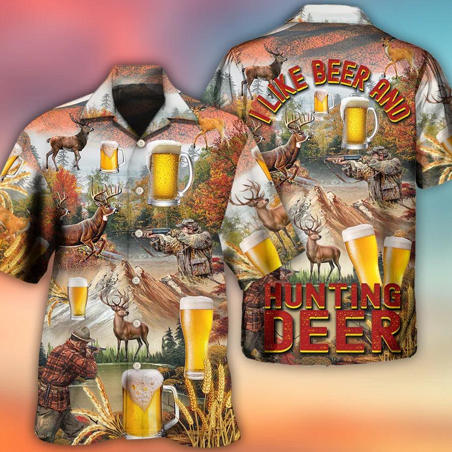 Beer Hawaiian Shirt, Hunting Deer, Autumn Forest, I Like Beer And Hunting Deer Aloha Shirt For Men And Women - Perfect Gift For Beer Lovers, Hunter - Amzanimalsgift