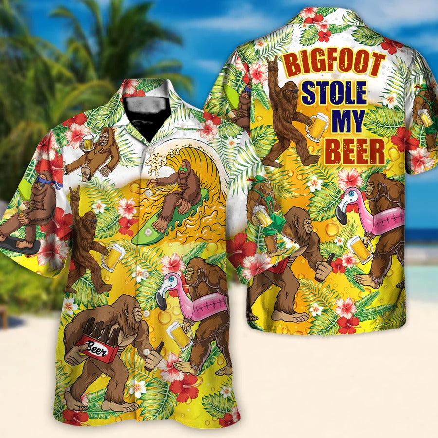 Beer Hawaiian Shirt, Tropical Leaf, Bigfoot Drink Beer, Bigfoot Stole My Beer Aloha Shirt For Men And Women - Perfect Gift For Beer Lovers, Summer - Amzanimalsgift