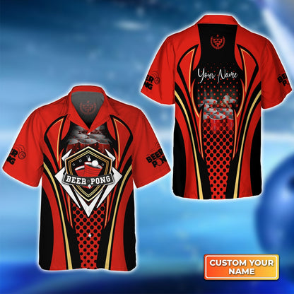 Beer Pong Customized Hawaiian Shirt, Red Black Beer Pong Button Up Shirt For Beer Pong Lovers, Beer Pong Team Players