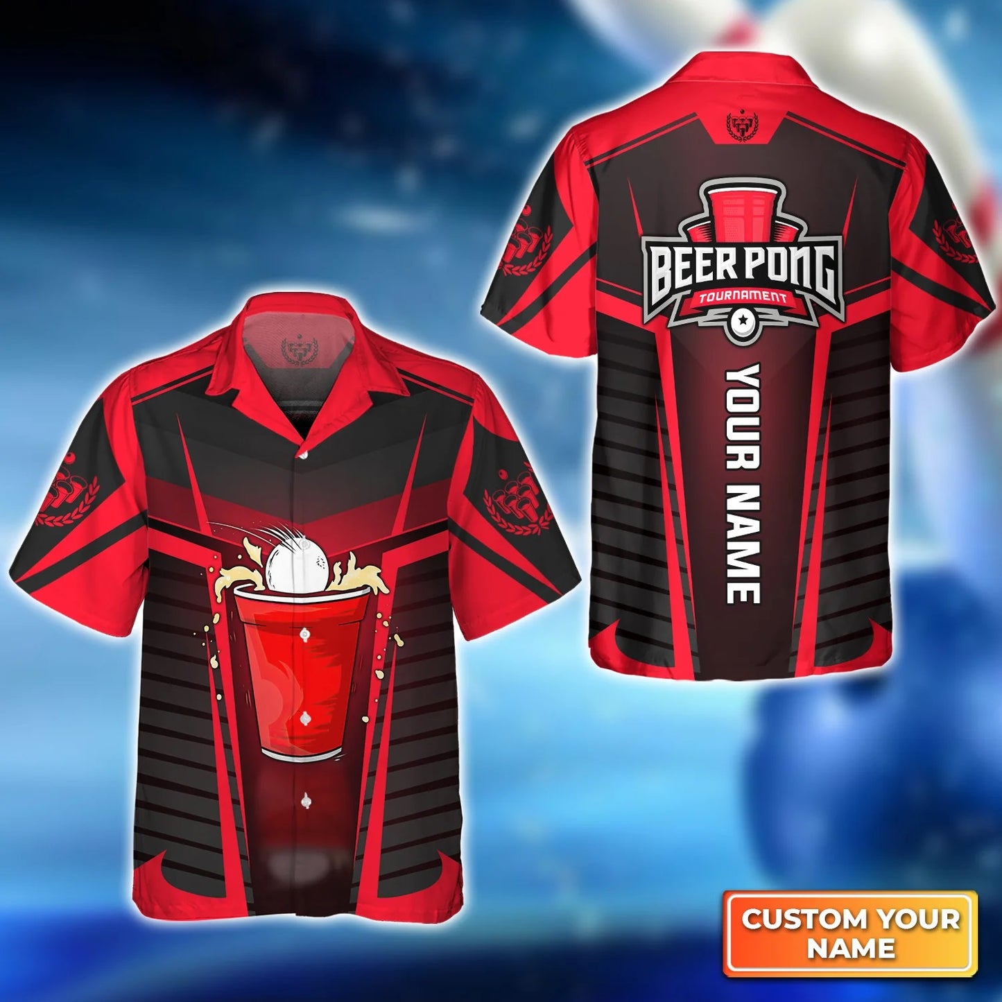 Beer Pong Customized Hawaiian Shirt, Red Black Beer Pong Tournament Button Up Shirt For Beer Pong Lovers, Team Players