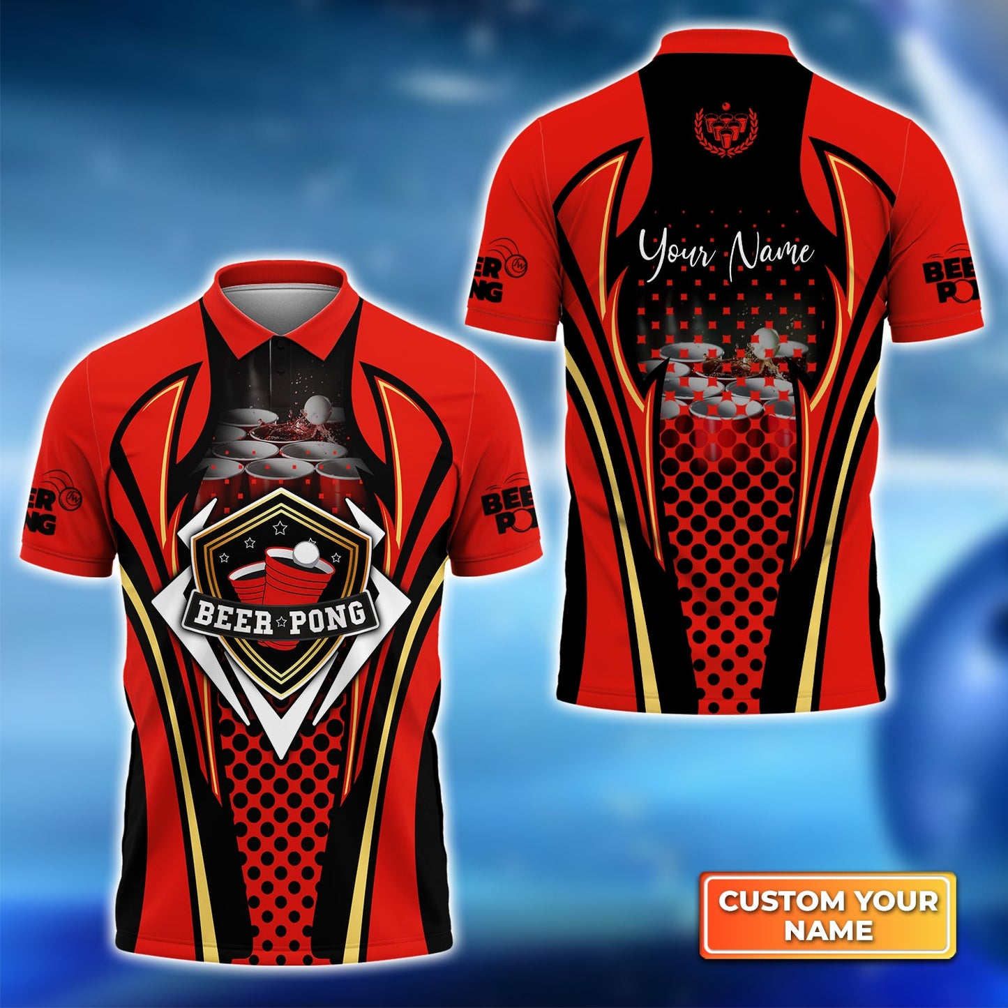 Beer Pong Customized Polo Shirt, Personalized Red Black Beer Pong Polo Shirt For Beer Pong Lovers, Beer Pong Team Players