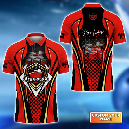Beer Pong Customized Polo Shirt, Personalized Red Black Beer Pong Polo Shirt For Beer Pong Lovers, Beer Pong Team Players