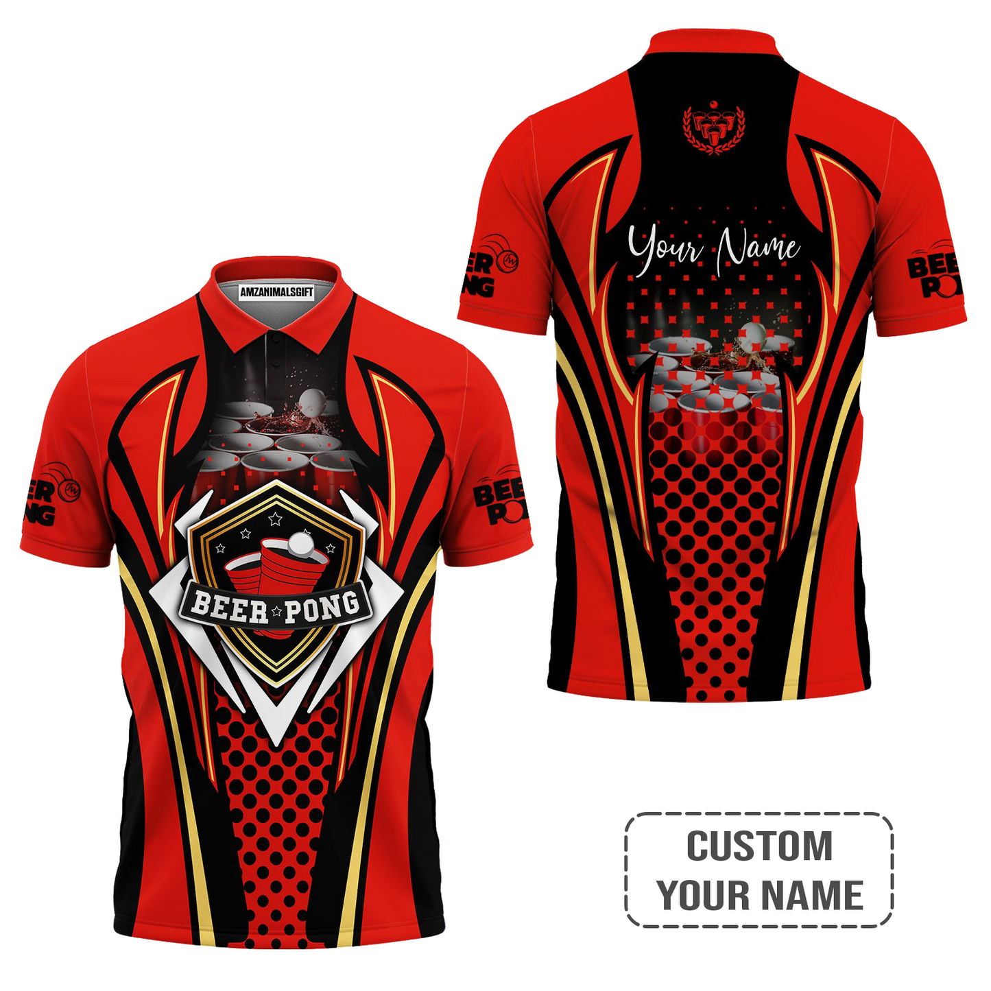 Beer Pong Customized Hawaiian Shirt, Red Black Beer Pong Button Up Shirt For Beer Pong Lovers, Beer Pong Team Players