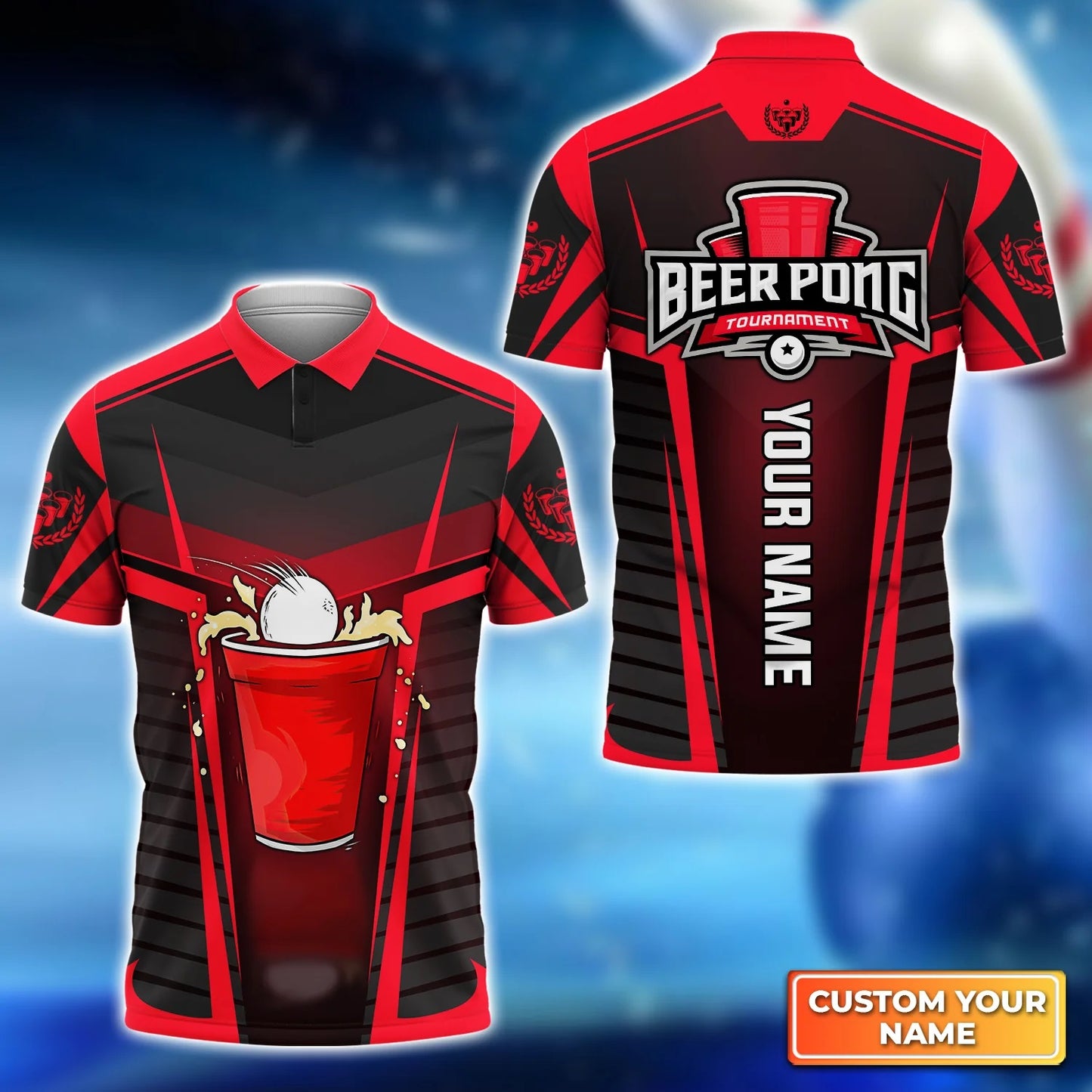 Beer Pong Customized Polo Shirt, Red Black Beer Pong Tournament Polo Shirt For Beer Pong Lovers, Beer Pong Team Players