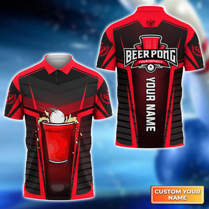 Beer Pong Customized Polo Shirt, Red Black Beer Pong Tournament Polo Shirt For Beer Pong Lovers, Beer Pong Team Players
