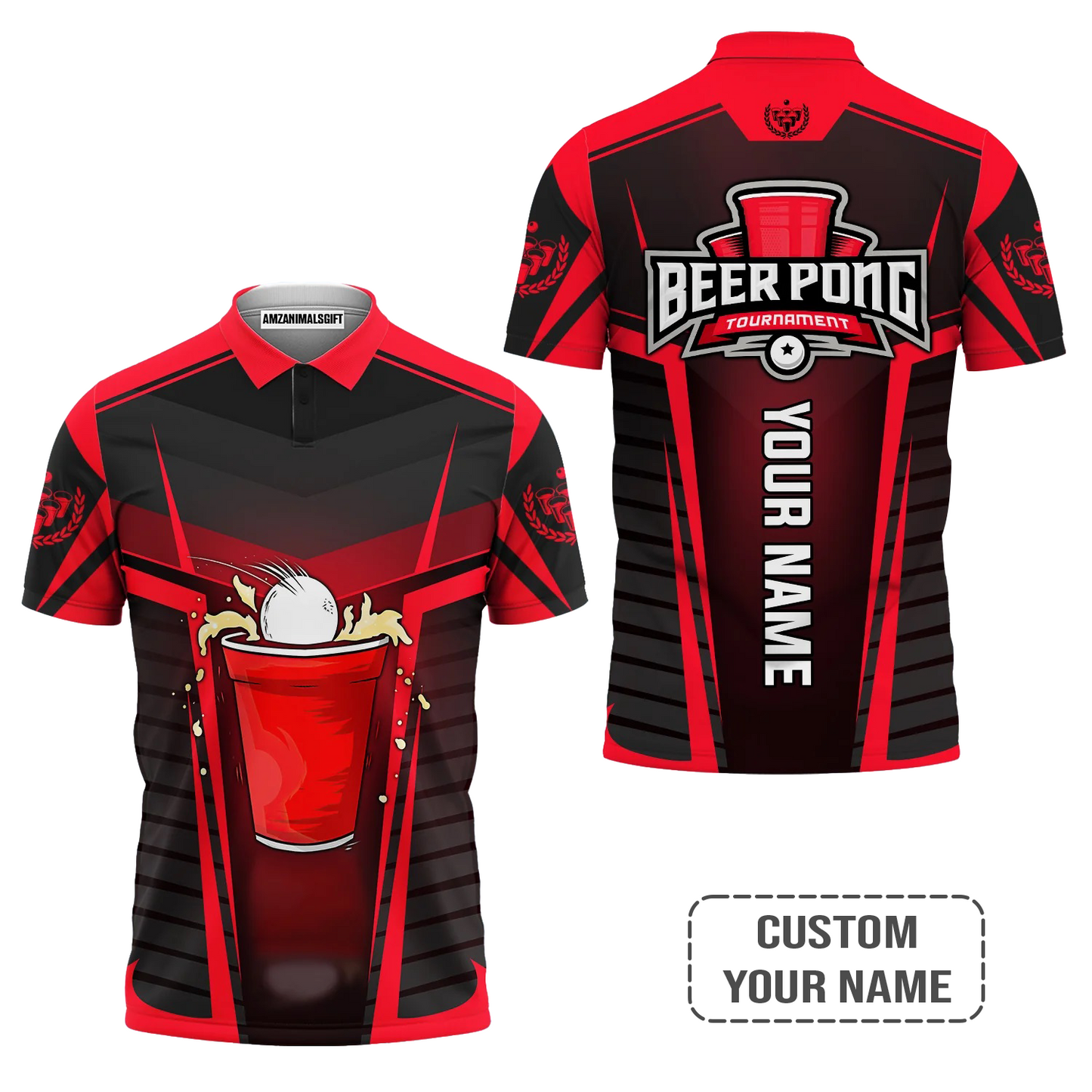 Beer Pong Customized Hawaiian Shirt, Red Black Beer Pong Tournament Button Up Shirt For Beer Pong Lovers, Team Players