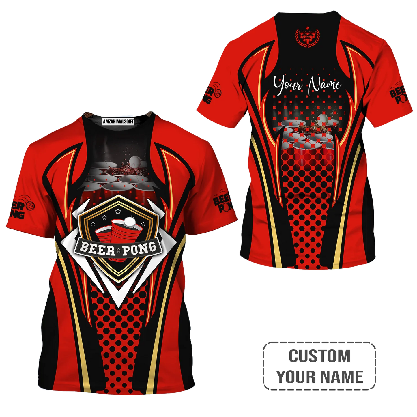Beer Pong Customized T-Shirt, Personalized Red Black Beer Pong T-Shirt For Beer Pong Lovers, Beer Pong Team Players