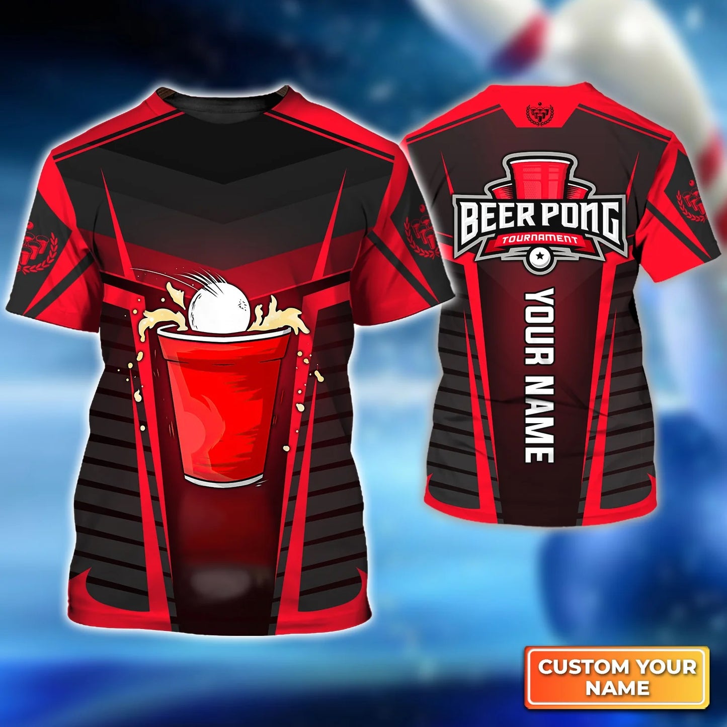 Beer Pong Customized T-Shirt, Personalized Red Black Beer Pong Tournament Shirt For Beer Pong Lovers, Team Players