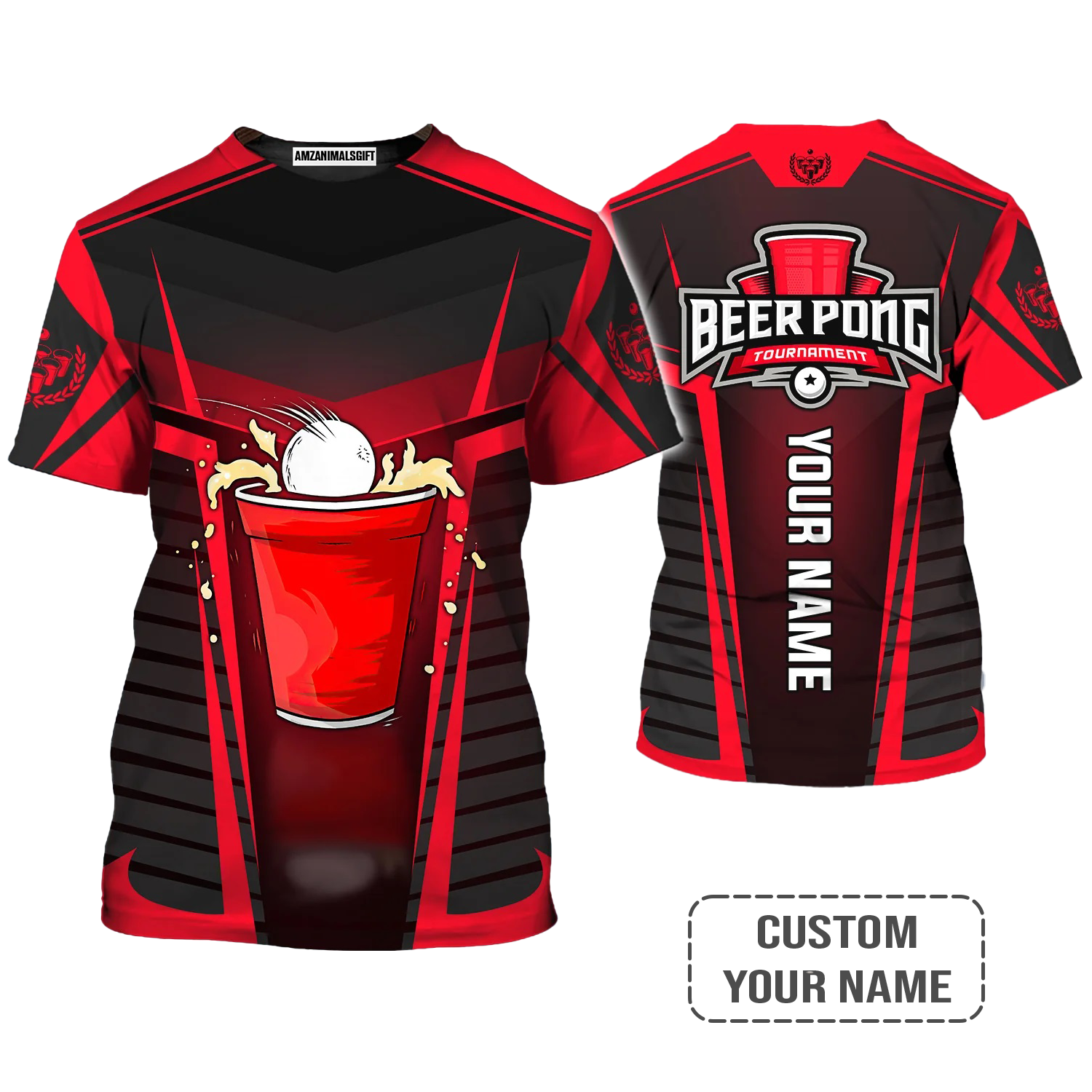 Beer Pong Customized T-Shirt, Personalized Red Black Beer Pong Tournament Shirt For Beer Pong Lovers, Team Players