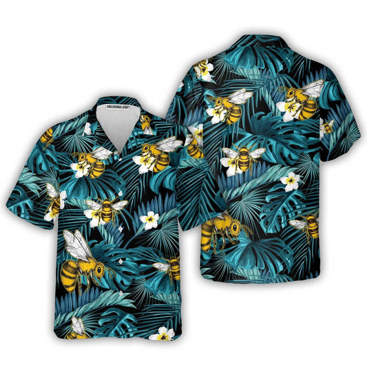 Bees Hawaiian Shirt, Tropical Summer Blue Leaves Aloha Shirt For Men - Perfect Gift For Bee Lovers, Husband, Boyfriend, Friend, Family - Amzanimalsgift