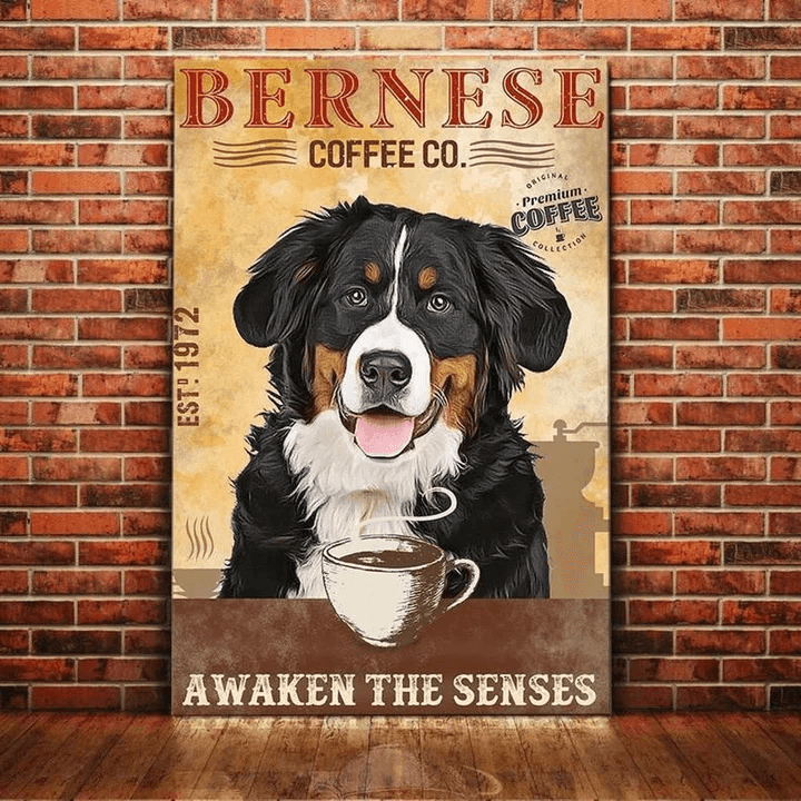 Bernese Mountain Dog Portrait Canvas - Bernese Mountain Dog Drink Coffee Awaken The Senses - Perfect Gift For Family, Dog Lovers, Owners - Amzanimalsgift