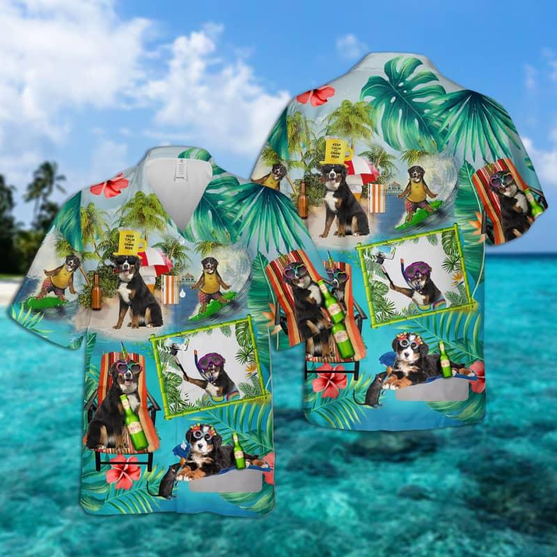 Bernese Mountain Surfing Hawaiian Shirt, Tropical Summer Aloha Shirt For Men - Perfect Gift For Bernese Mountain Lovers, Friends, Family - Amzanimalsgift