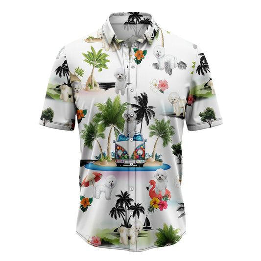 Bichon Frise Hawaiian Shirt, Dog Hippie Car Palm Vacation Aloha Shirt For Men Women - Perfect Gift For Dog Lovers, Husband, Boyfriend, Friend, Wife - Amzanimalsgift