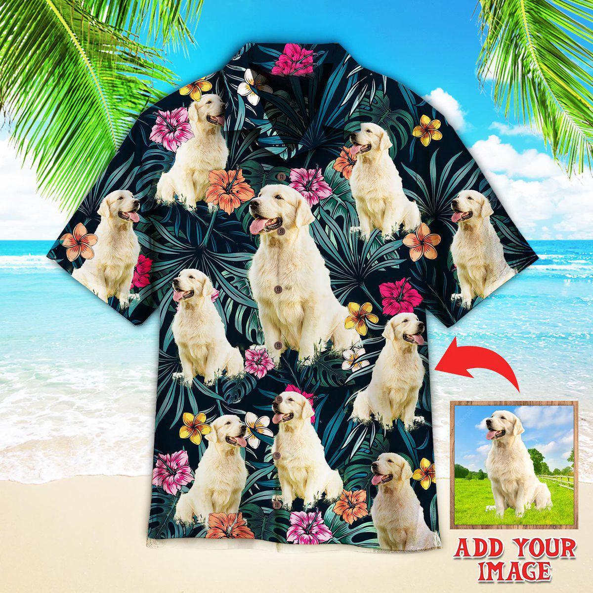 Big Golden Retriever Exotic Tropical Floral Custom Hawaiian Shirt, Personalized Hawaiian Shirts, Custom Photo Hawaiian Shirt - Gift For Dog Lovers - Amzanimalsgift
