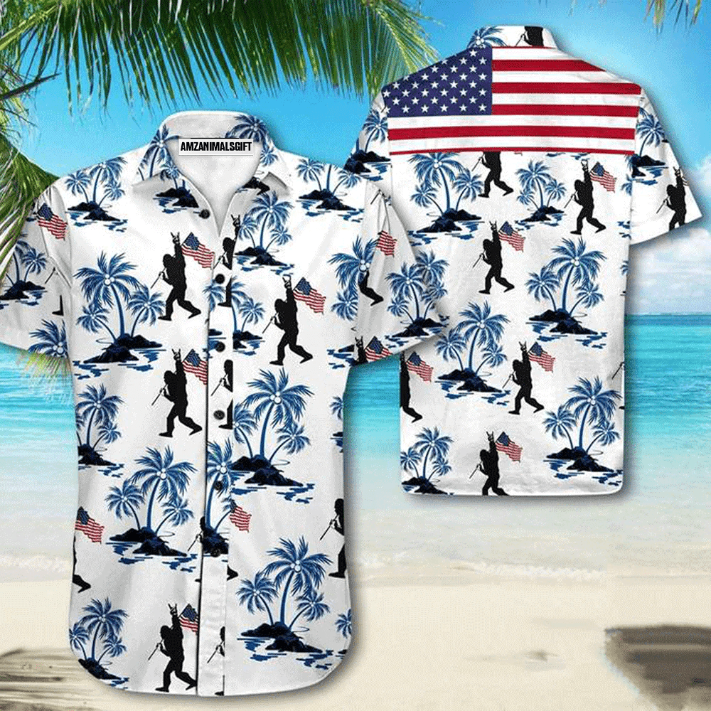 Bigfoot American Flag Coconut Tree White And Blue Aloha Hawaiian Shirts For Men Women, 4th Of July Gift For Summer, Friend, Family, Independence Day - Amzanimalsgift