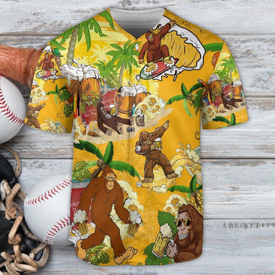 Bigfoot Baseball Jersey, Tropical Summer, Bigfoot Drinking Beer Baseball Jersey For Men And Women - Perfect Gift For Bigfoot Lovers, Summer - Amzanimalsgift