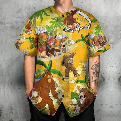 Bigfoot Baseball Jersey, Tropical Summer, Bigfoot Drinking Beer Baseball Jersey For Men And Women - Perfect Gift For Bigfoot Lovers, Summer - Amzanimalsgift