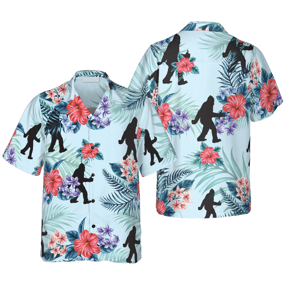 Bigfoot Flower Hawaiian Shirt - Blue Floral And Leaves Hawaiian Shirt - Perfect Gift For Husband, Boyfriend, Friend, Family - Amzanimalsgift