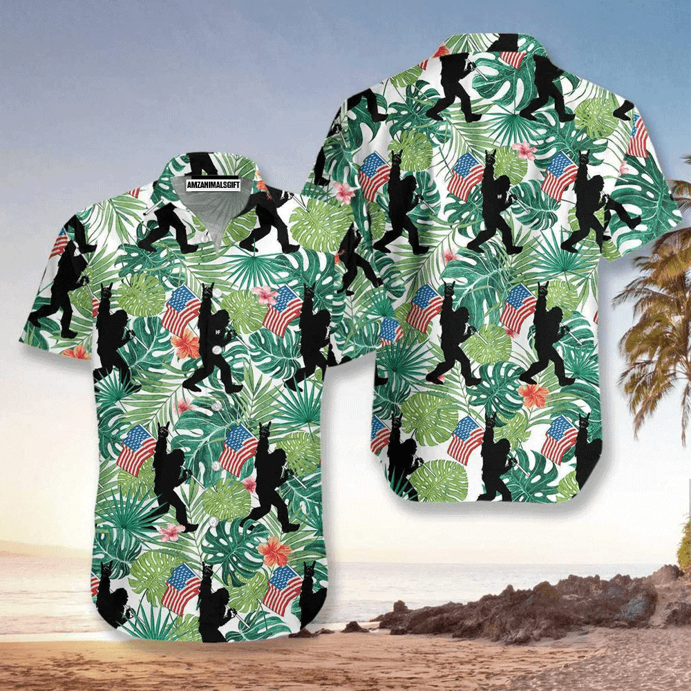 Bigfoot Gibbon American Flag Palm Leaves Pattern Aloha Hawaiian Shirts For Men Women, 4th Of July Gift For Summer, Friend, Family, Independence Day - Amzanimalsgift