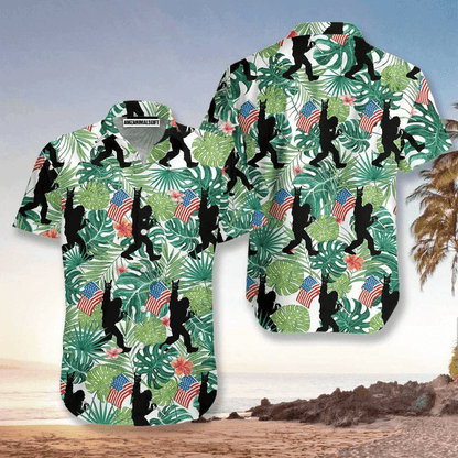 Bigfoot Gibbon American Flag Palm Leaves Pattern Aloha Hawaiian Shirts For Men Women, 4th Of July Gift For Summer, Friend, Family, Independence Day - Amzanimalsgift