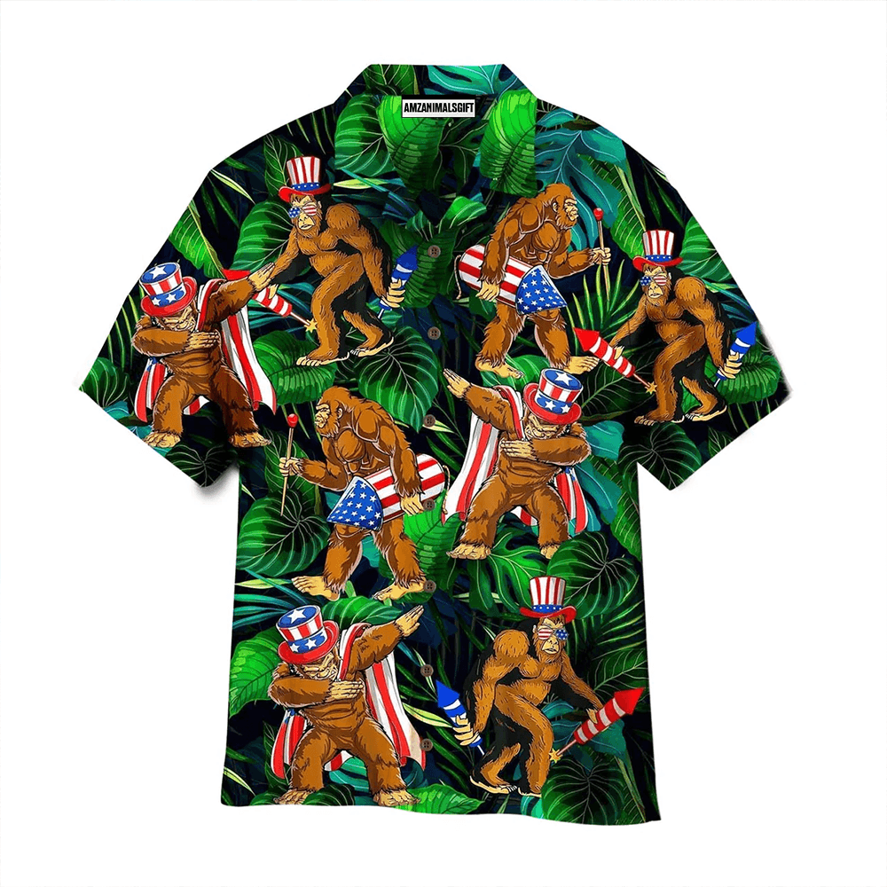 Bigfoot Happy Independence Day American Flag Aloha Hawaiian Shirts For Men Women, Tropical Leaves Hawaiian Shirt For Summer, Gift For Friend, Family - Amzanimalsgift