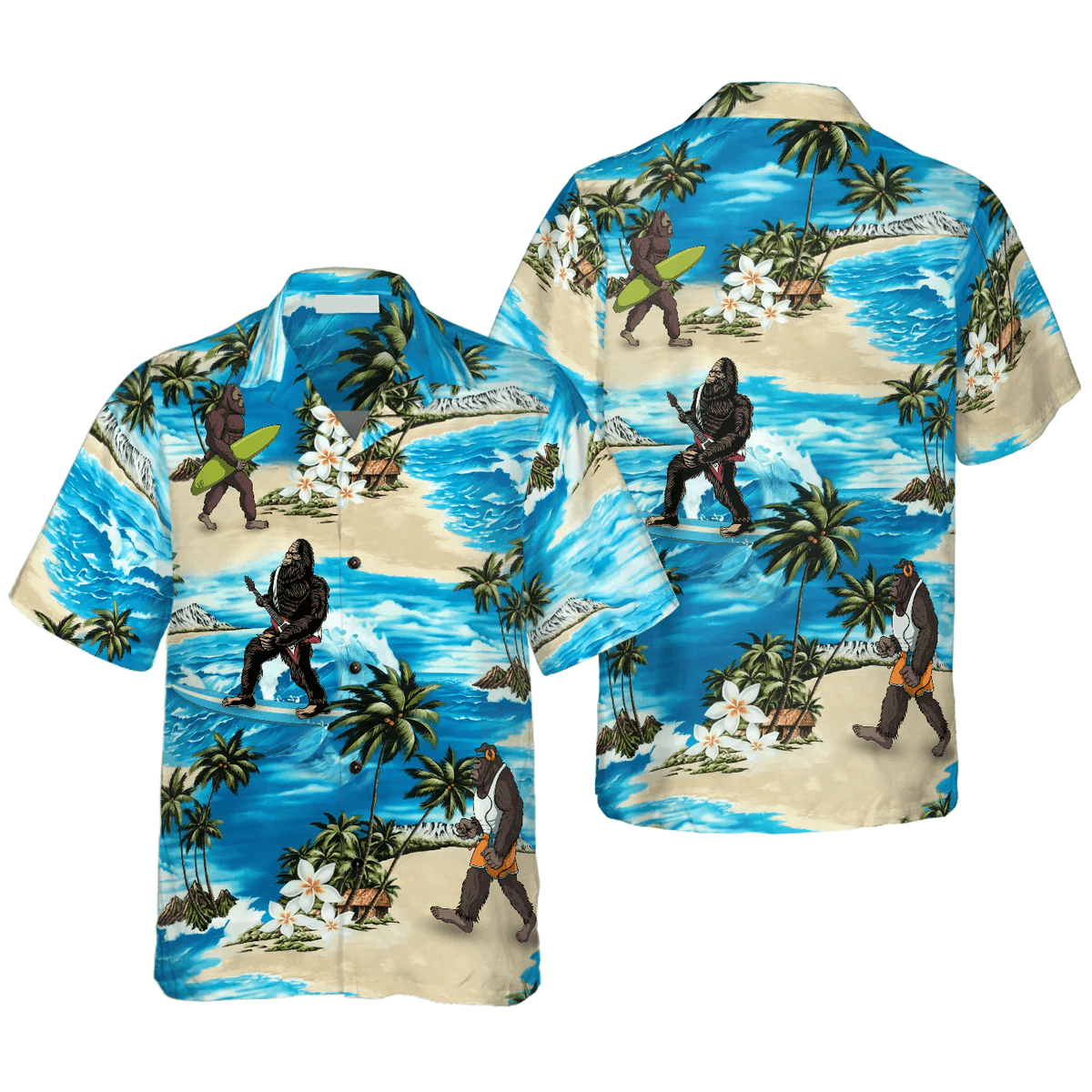 Bigfoot Hawaiian Shirt, Bigfoot AIoha Beach Bigfoot Hawaiian Shirt, Palm Tree And Flower Blue Ocean Bigfoot Surfing Hawaiian Shirt - Perfect Gift For Husband, Boyfriend, Friend, Family - Amzanimalsgift