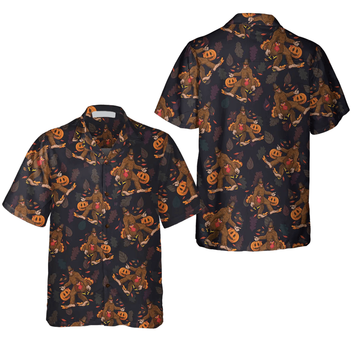 Bigfoot Hawaiian Shirt, Bigfoot Grabbing Turkey And Pumpkin Hawaiian Shirt For Men Hawaiian Shirt - Perfect Gift For Husband, Boyfriend, Friend, Family - Amzanimalsgift