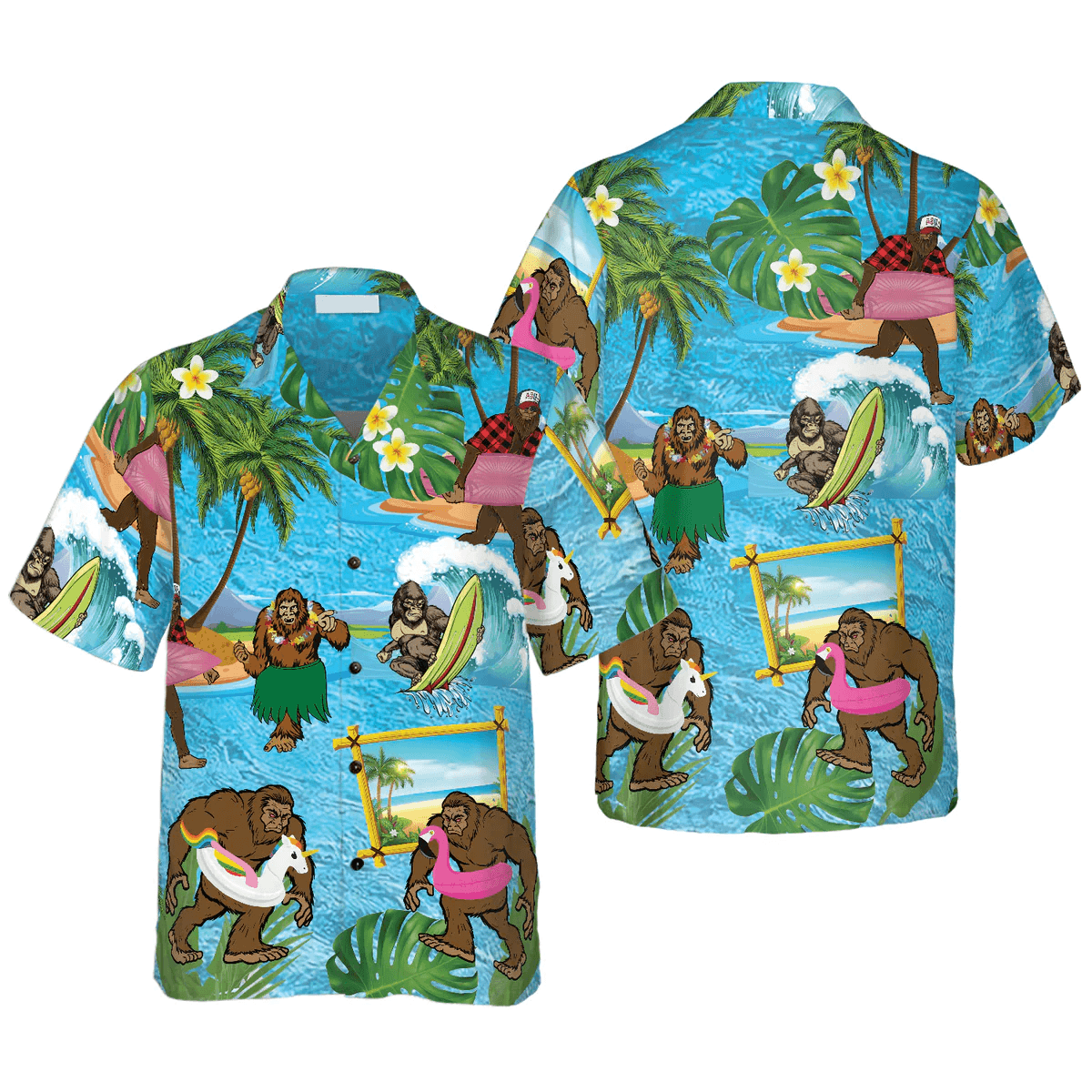 Bigfoot Hawaiian Shirt - Bigfoot On The Beach Hawaiian Shirt, Tropical Aloha Wave Surfing Hawaiian Shirt - Perfect Gift For Husband, Boyfriend, Friend, Family - Amzanimalsgift