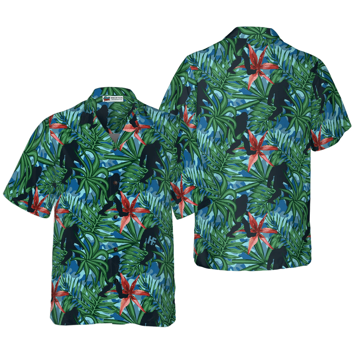 Bigfoot Hawaiian Shirt, Bigfoot Silhouette Walking Hawaiian Shirt, Tropical Forest Floral Bigfoot Shirt For Men Hawaiian Shirt - Perfect Gift For Husband, Boyfriend, Friend, Family - Amzanimalsgift