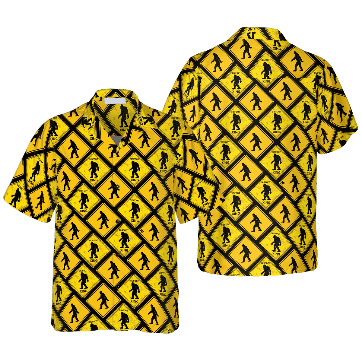 Bigfoot Hawaiian Shirt - Bigfoot Yellow Square Bigfoot Hawaiian Shirt, Diamond Pattern Caution Signs Hawaiian Shirt - Perfect Gift For Husband, Boyfriend, Friend, Family - Amzanimalsgift