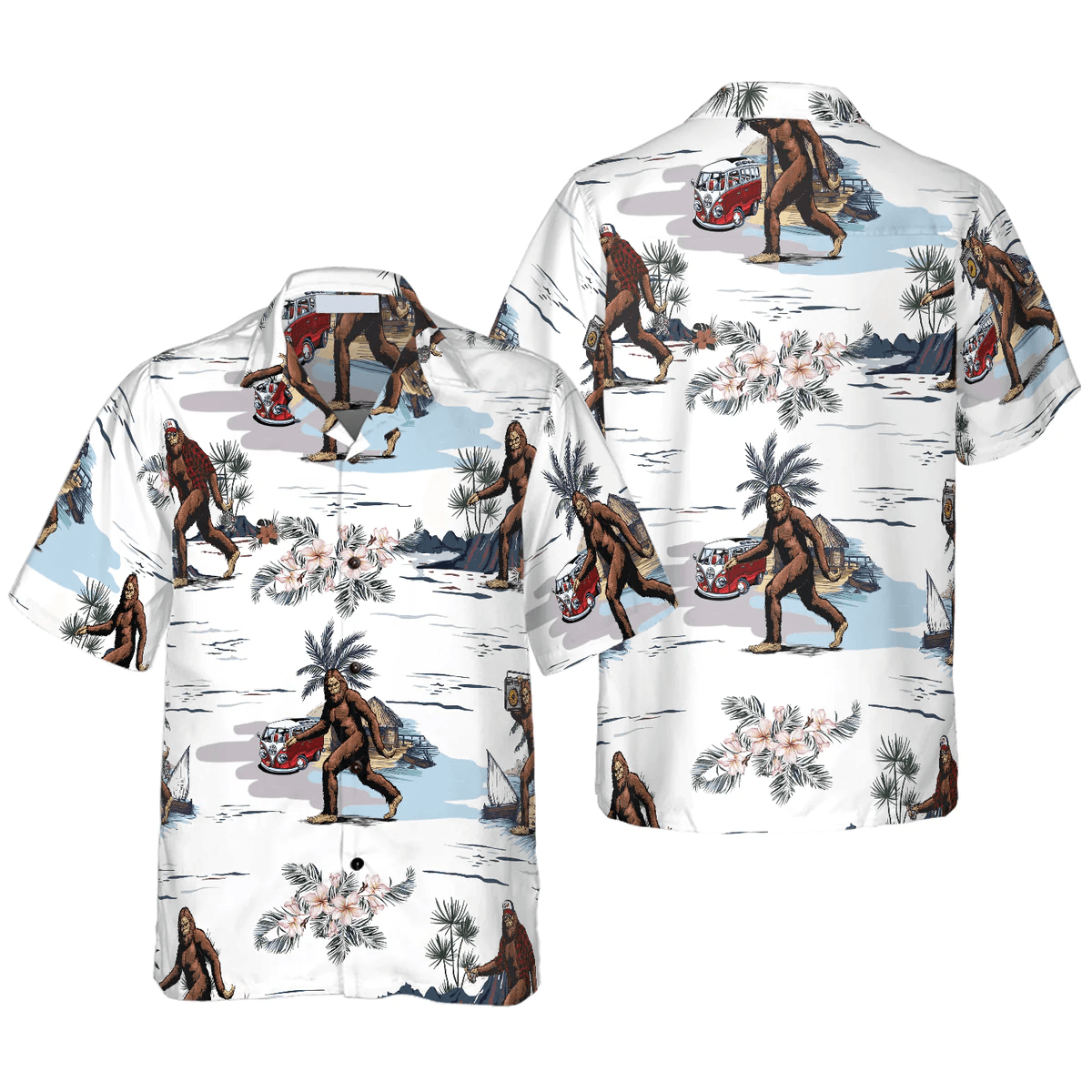 Bigfoot Hawaiian Shirt, Bigfoots Are Ready For Summer Hawaiian Shirt, White Tropical Floral Bus Trip Bigfoot Hawaiian Shirt - Perfect Gift For Husband, Boyfriend, Friend, Family - Amzanimalsgift