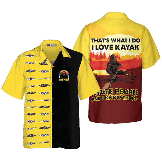 Bigfoot Hawaiian Shirt, Dawn Palette Black And Yellow Kayaking, Love Kayak & Hate People, Summer Aloha Shirt For Men Women, Gift For Friend, Team - Amzanimalsgift