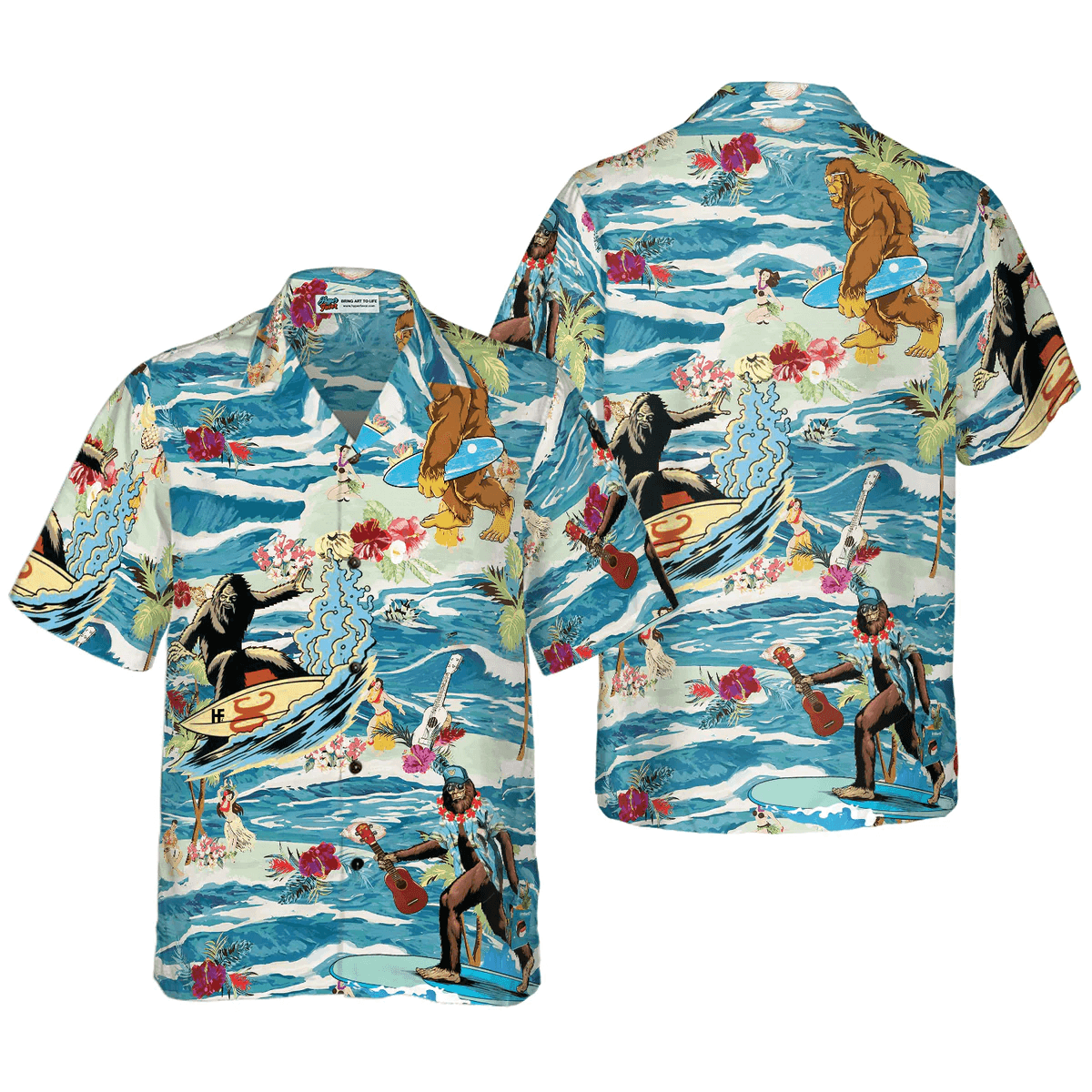 Bigfoot Hawaiian Shirt, Surfing Bigfoot Aloha Vacation Bigfoot Hawaiian Shirt, Tropical Ocean Wave Shirt For Men Hawaiian Shirt - Perfect Gift For Husband, Boyfriend, Friend, Family - Amzanimalsgift